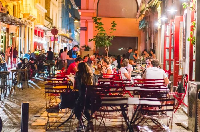 Night view of an outdoor café in Athens