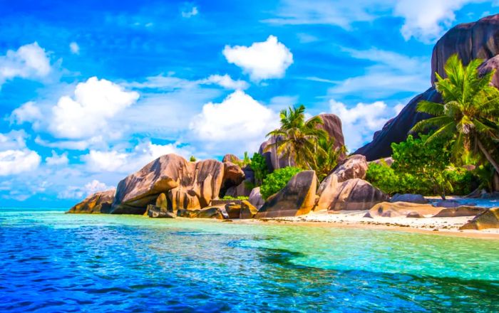 The stunning beach, Source d'Argent, located on La Digue Island in Seychelles.