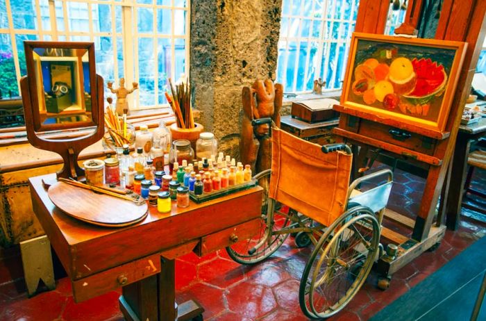 Frida Kahlo's wheelchair is showcased in her home in Mexico City.