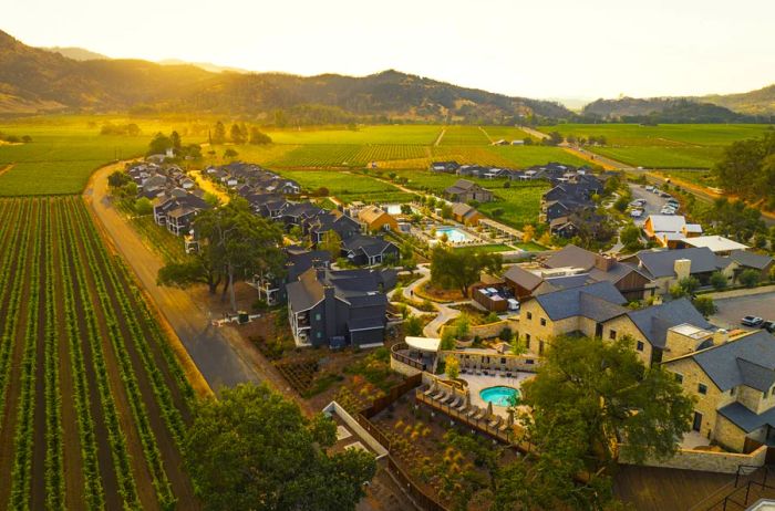 Aerial view of Four Seasons Resort and Residences Napa Valley, beautifully situated among the vines in Calistoga