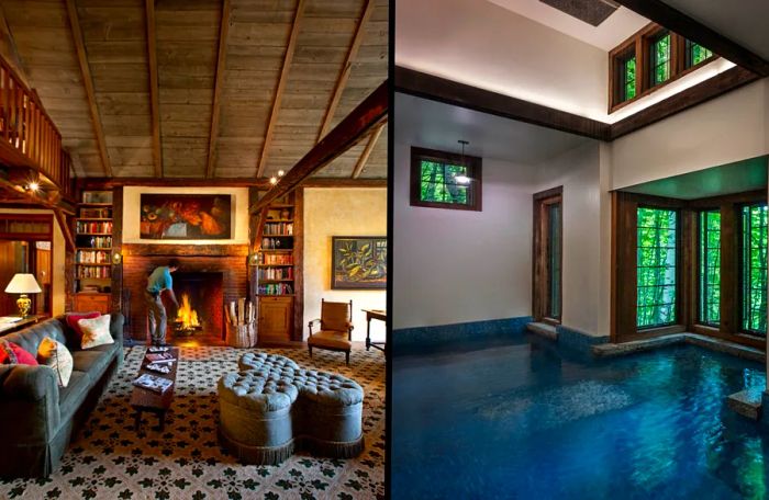 Left: The library at Twin Farms. Right: The resort's Japanese-inspired furo bathhouse.