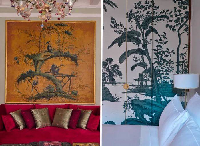 Left: a rich crimson sofa adorned with golden pillows beneath a glass chandelier. Right: a serene green pastoral scene on the wallpaper of a guest room.