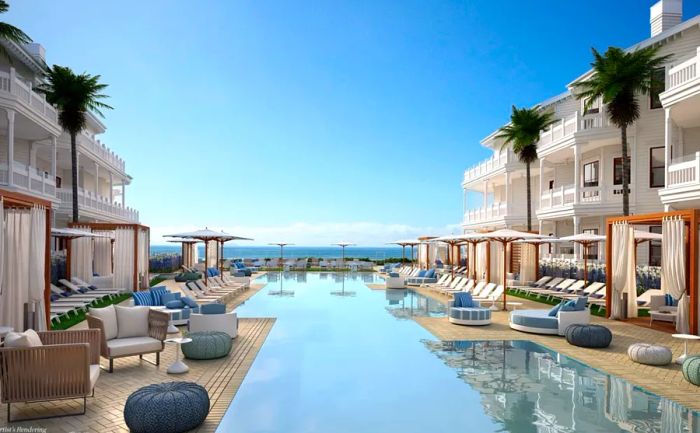 The oceanfront pool at Shore House boasts private cabanas and a bar by the water.
