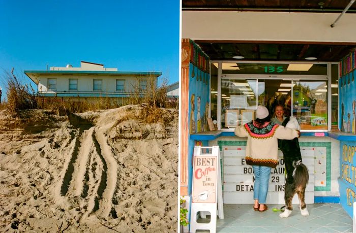 A house perched above sandy Rehoboth Beach (left); a takeout window at a quaint coffee shop on the Rehoboth Beach boardwalk, featuring a customer and a large dog (right)