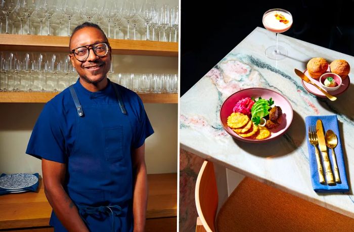 Left: Chef Gregory Gourdet dons a blue apron. Right: A dining setting at Kann.