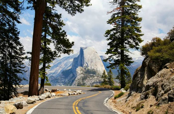 A winding, deserted highway lined with tall evergreens, featuring Half Dome in the background of Yosemite.