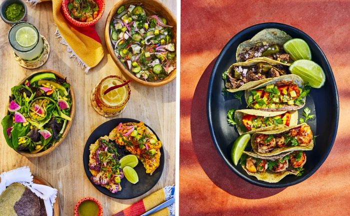 The open-air Boquita Restaurant at Susurros del Corazón presents a selection of simple, locally inspired dishes, including grilled fish, tacos, and ceviche.