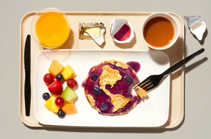 Image of an airplane meal featuring a globe-shaped pancake.
