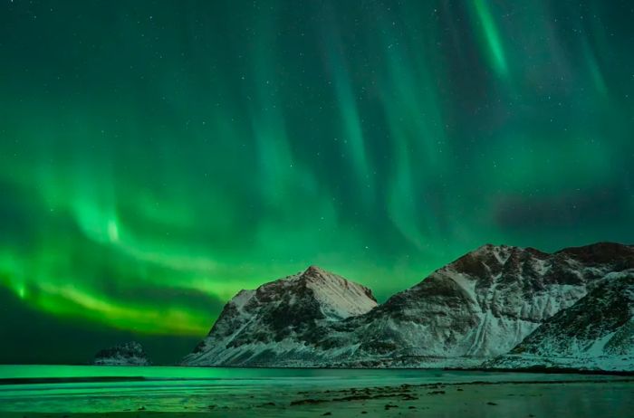 Glowing green northern lights dancing over snow-covered fjords