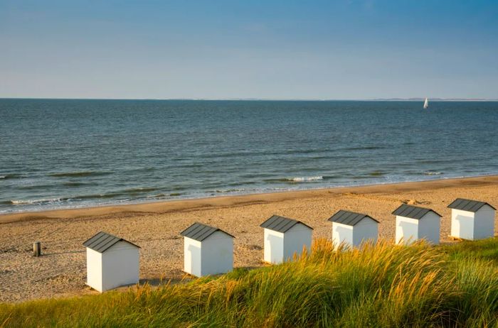 A row of six charming white beach houses set against a backdrop of grassy dunes