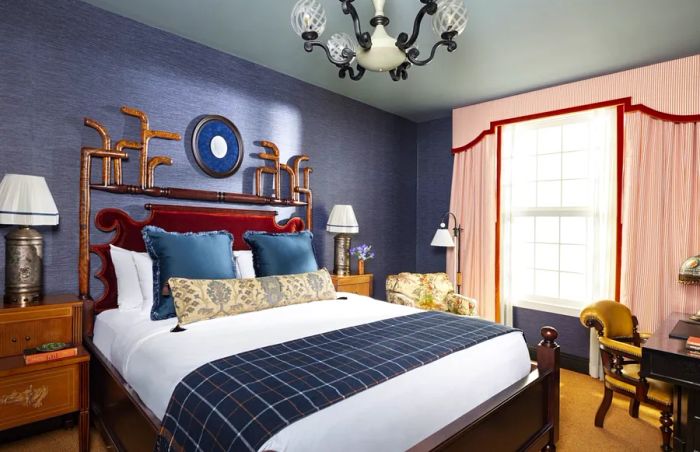 An elaborately adorned guest room in the upcoming Graduate Princeton hotel
