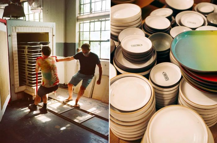 Left: Two individuals removing pottery from a kiln. Right: a stack of plates from Jono Pandolfi Designs.