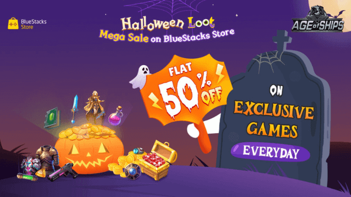 Chương trình Halloween Loot tại BlueStacks Store: Giảm ngay 50% cho tất cả các giao dịch trong game Age of Ships: Battleships War