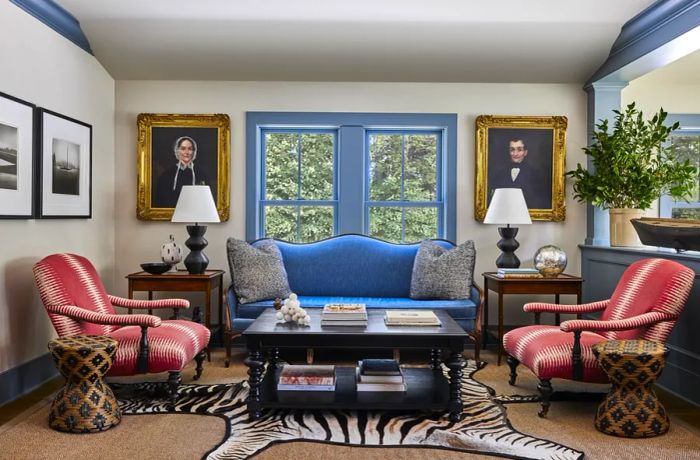 A living room adorned with two vintage painted portraits, a blue couch, red patterned chairs, and a zebra hide rug.