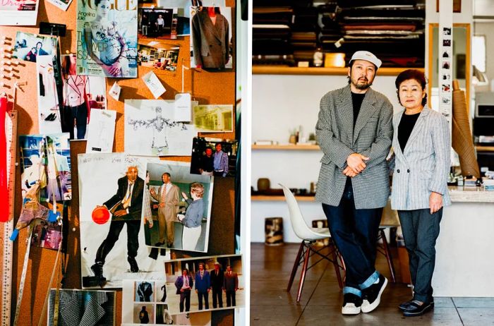 Left: A vision board inside High Society, a tailor shop in Koreatown. Right: High Society's owner, David Lim, alongside his mother.