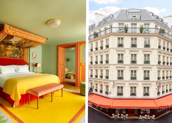 The left image depicts a bed adorned with a yellow cover in a soft green room, while the right photo showcases a white building featuring a striking red awning.