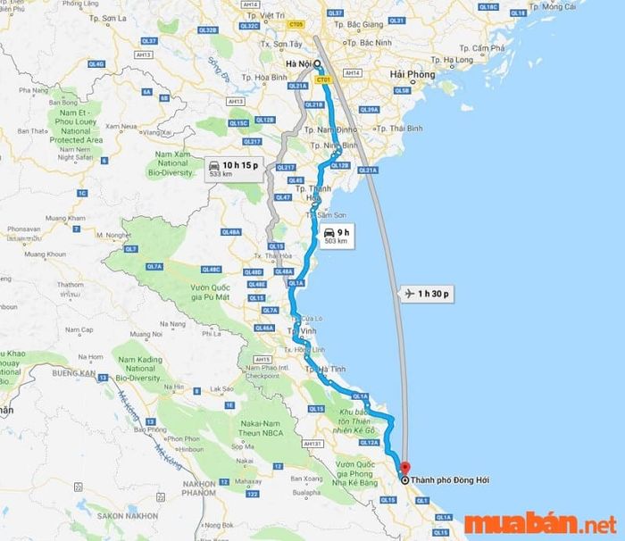 Khoảng cách từ Hà Nội đến Quảng Bình theo Google Map là 488km