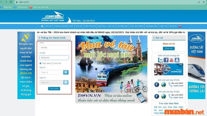 Truy cập vào trang web để đặt vé tàu từ Hà Nội đến Quảng Bình