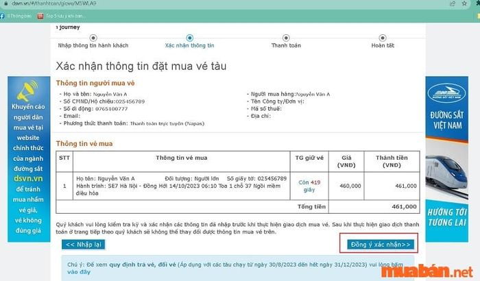 Điền và kiểm tra thông tin vé tàu Hà Nội Quảng Bình
