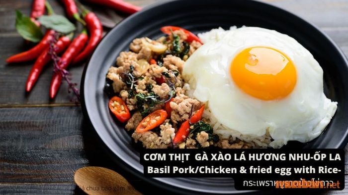 Cơm gà xào lá hương nhu-ốp la