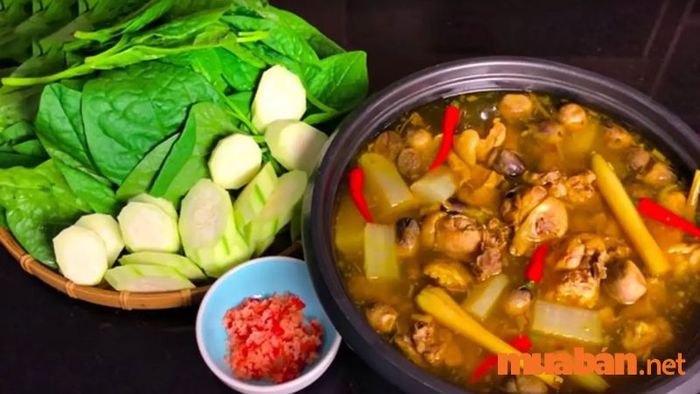 Gà hầm sả thường được ăn kèm với các loại rau như mướp, mùng tơi, cải ngọt, nấm rơm,...