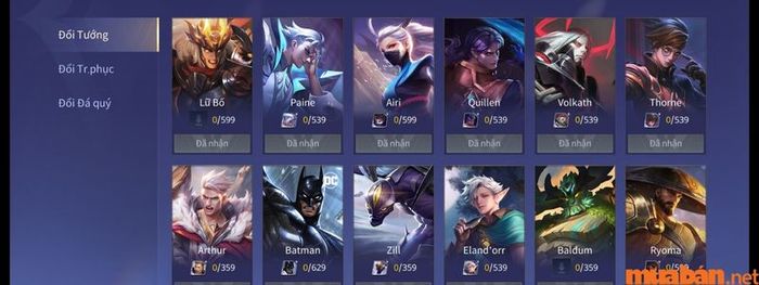 Danh sách các tướng có thể được đổi bằng mảnh tướng