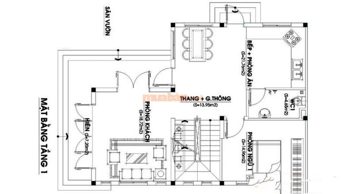 Thiết kế tầng 1 của nhà 2 tầng chữ L hiện đại