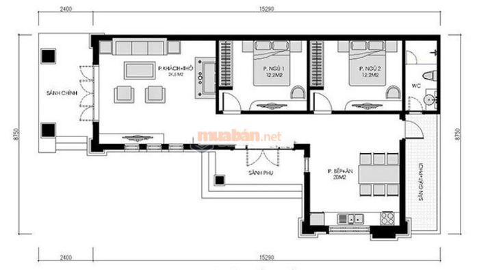 Bản vẽ thiết kế nhà cấp 4 mái bằng kiểu chữ L với 3 phòng ngủ