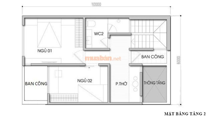Bản vẽ thiết kế tầng 2 nhà 2 tầng 6x10m