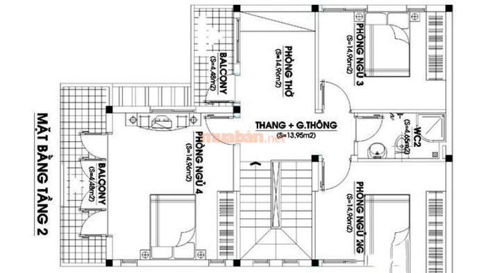 Thiết kế tầng 2 của nhà 2 tầng chữ L