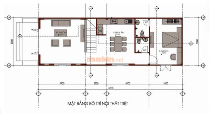 Bản vẽ tầng 1 nhà 2 tầng 5x15