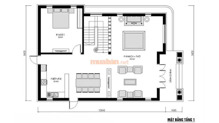 Bản vẽ thiết kế tầng 1 của nhà 2 tầng 8x10m
