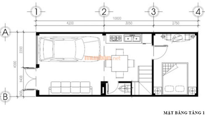 Bản vẽ thiết kế tầng 1 nhà 2 tầng 4x10m