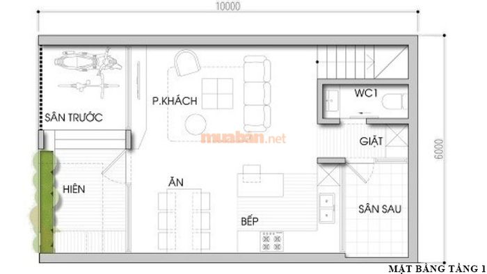 Bản vẽ thiết kế tầng 1 nhà 2 tầng 6x10m