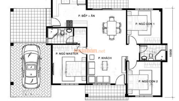 Bản vẽ thiết kế nhà cấp 4 mái bằng 3 phòng ngủ với gara để xe