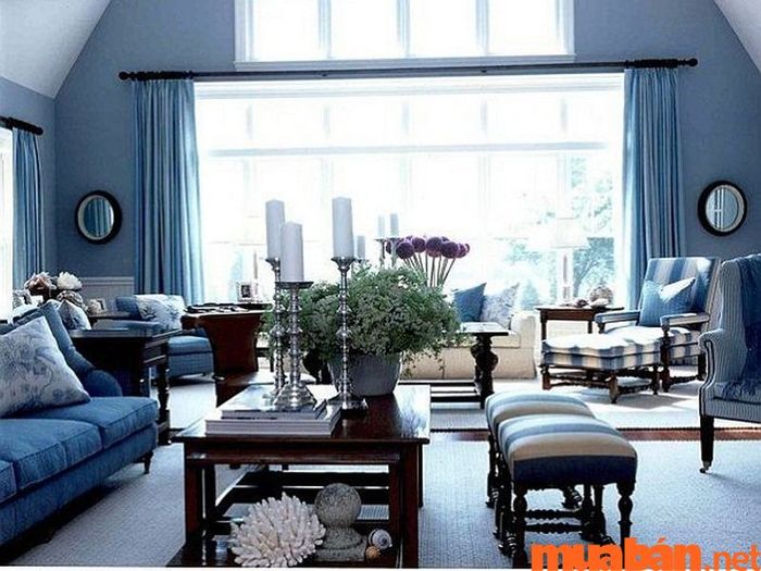 Sự phối hợp màu xám ghi và xanh dương trong nội thất