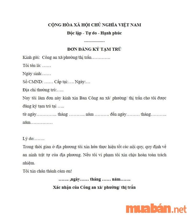 Mẫu đơn đăng ký tạm trú cho người ở trọ