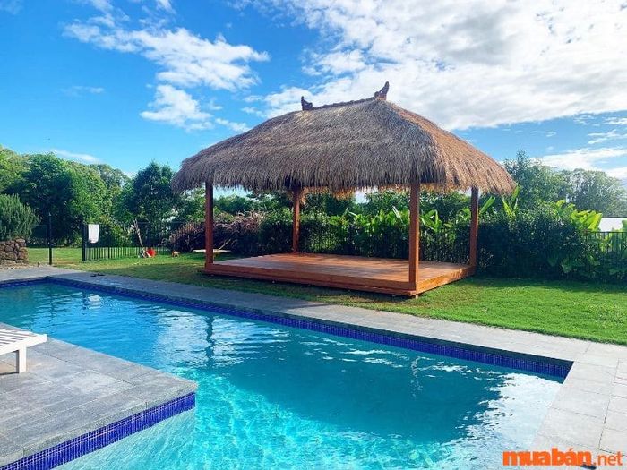 Căn chòi đã tạo điểm nhấn giúp bể bơi trở nên sang trọng hơn.