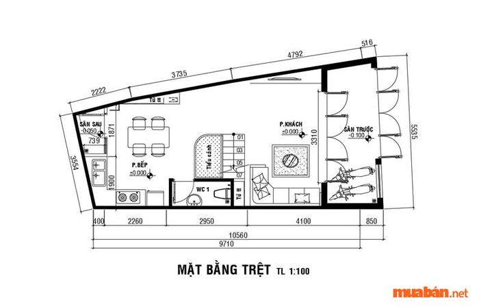 Đất thóp hậu thường có phần phía trước rộng và dần hẹp lại về phía sau ngôi nhà.