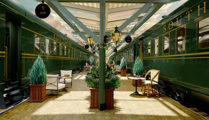 Exterior view of the train carriage accommodations at the Hotel Chalet