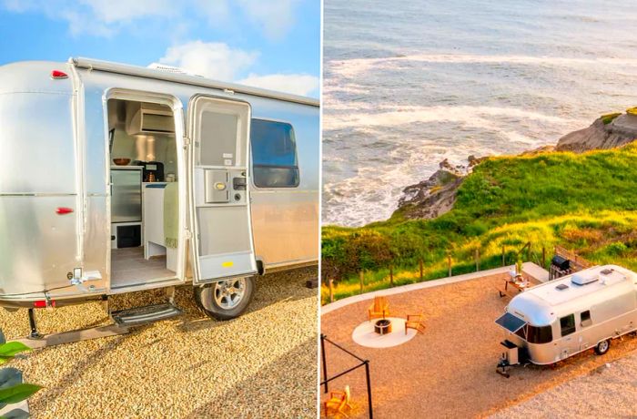 Exterior view of an Airstream trailer with an open door on a gravel patch (L); aerial shot of an Airstream parked beside the Pacific coast, with grassy cliffs in view