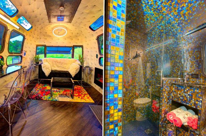 A bedroom inside an Airstream (L) and a vibrantly tiled bathroom in a nearby building (R)