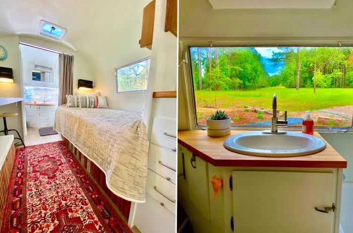 An Airstream bedroom (L) and a round sink in front of a window overlooking a field (R)