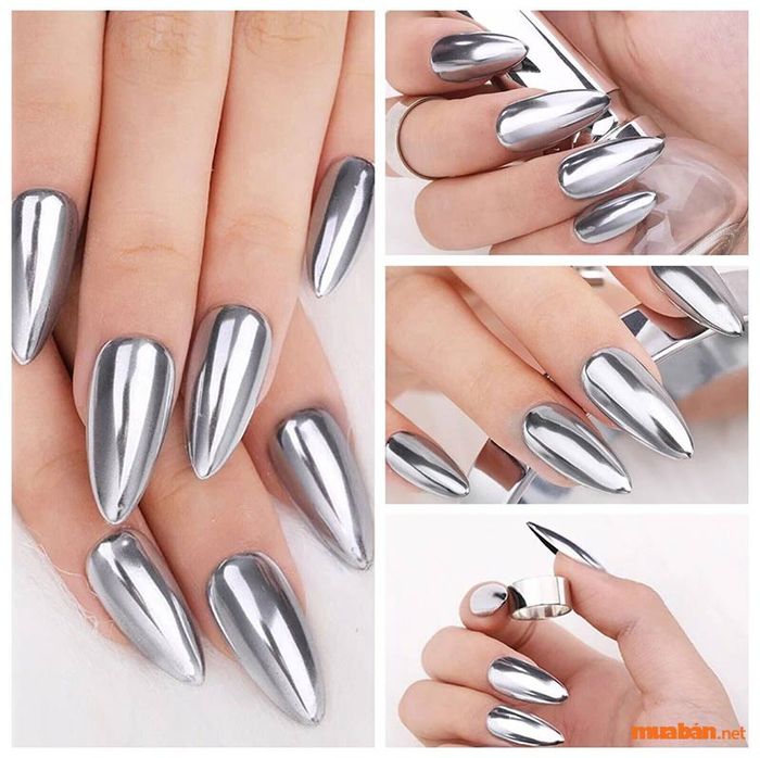 Bộ nail móng dài đơn giản với màu bạc