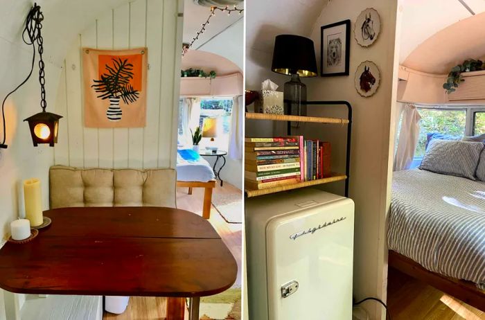 A cozy dining area in an Airstream featuring a hanging lantern and a small wall tapestry (L); a retro refrigerator adorned with books and a lamp, with a bed nearby (R)