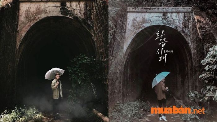 Chiếc dù trắng giúp khung hình tại hầm Hỏa Xa Đà Lạt trở nên nổi bật hơn