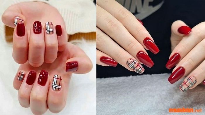Mẫu nail đỏ kẻ 2