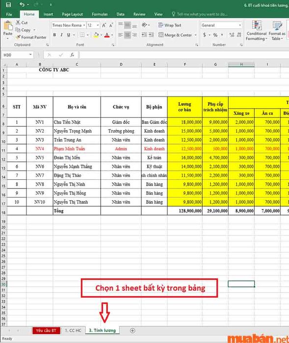 Chọn bất kỳ Sheet nào trên bảng tính