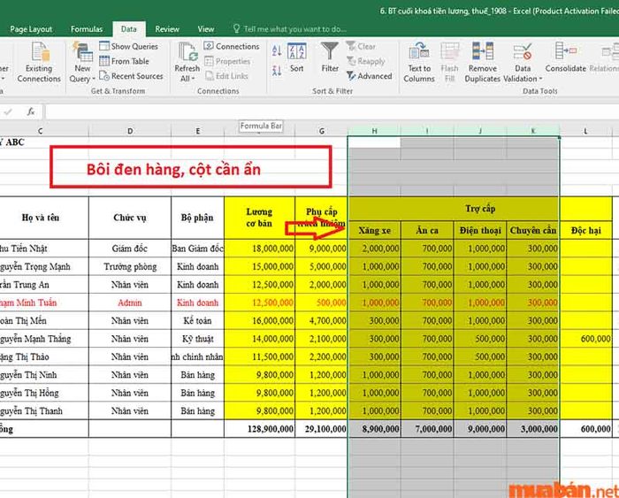 Chọn và bôi đen hàng hoặc cột cần ẩn