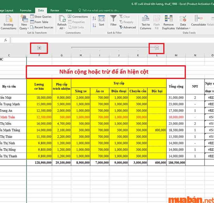 Để ẩn cột trong Excel trong trường hợp này, bạn cần thao tác với các dấu cộng và trừ